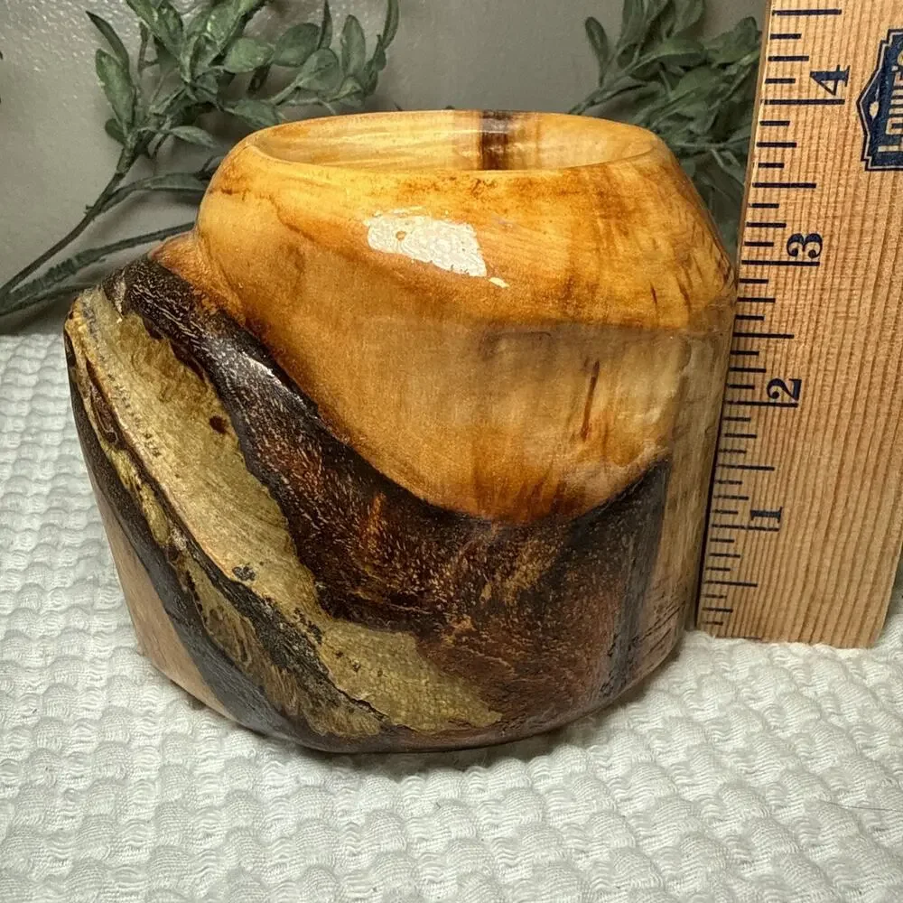 Hand Turned Natural Edge Wood Vase Studio Art Decorative Vessel Rustic 4” Vtg